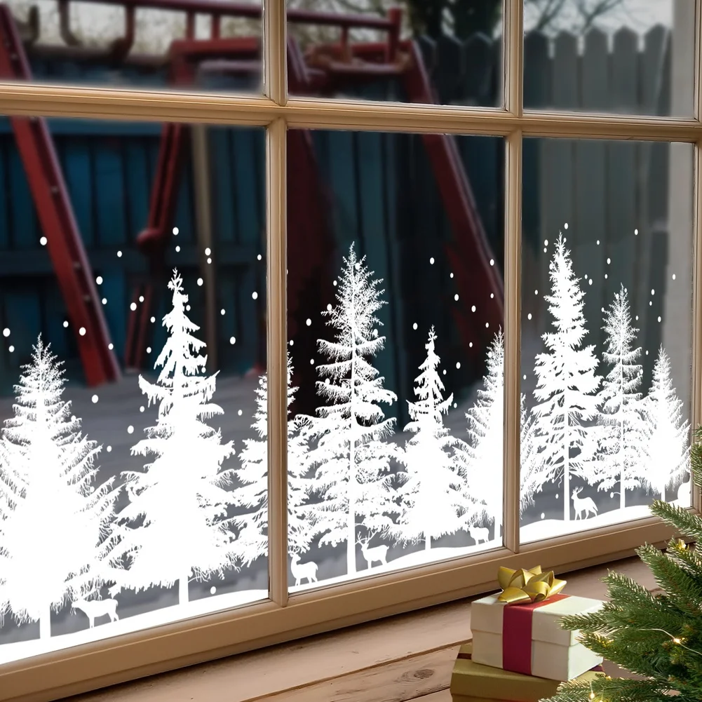 White Window Sticker 30x90cm Christmas Window Cling Static Decal Snowflake Christmas Trees Deer Design Home Office Wall Decals
