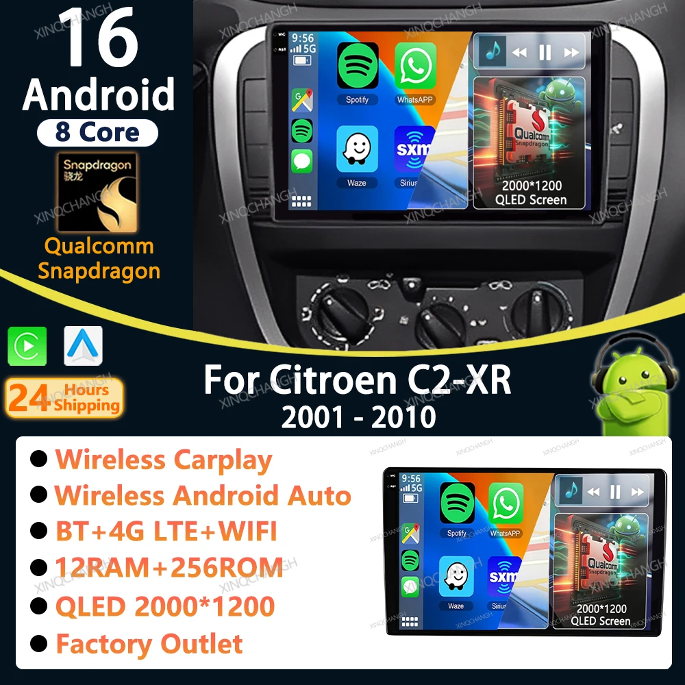 Android 16 Car Radio Carplay Auto For Citroen C2-XR 2001 - 2010 Dash Fitting Panel Kit Player Video Accessories Head Unit 2 DIN