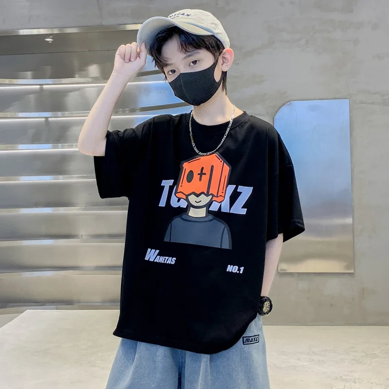 Hot Sale Kids Summer Cartoon Paper Head Print T-shirt for Teenage Boys Casual Short Sleeve Cotton Tee Shirt Child Fashion Tshirt