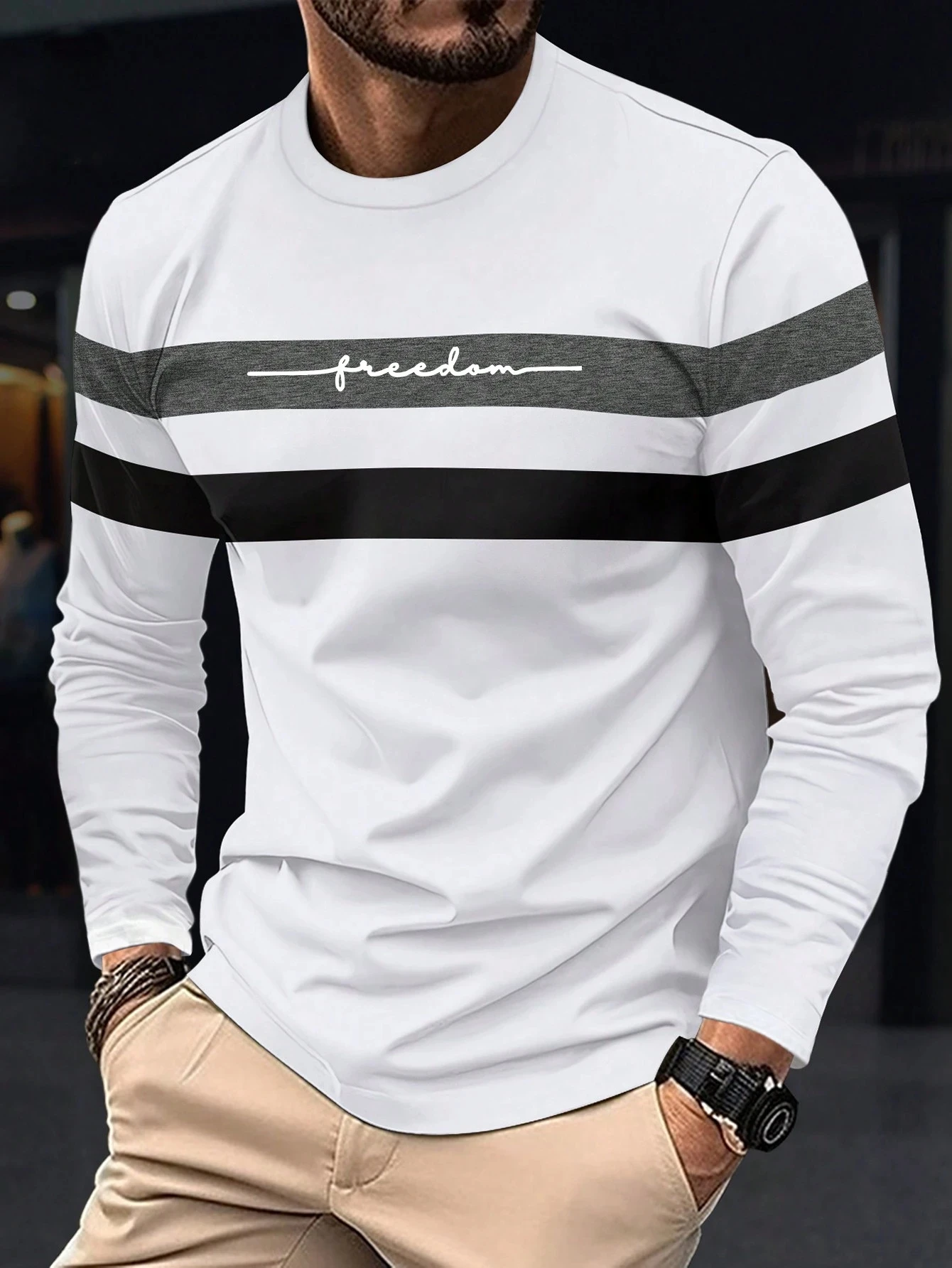 2025 Autumn Men's T-shirt Clothing Fashion Oversized Crew Neck Long Sleeve T Shirt Top Simple casual stripe T-shirts For Men