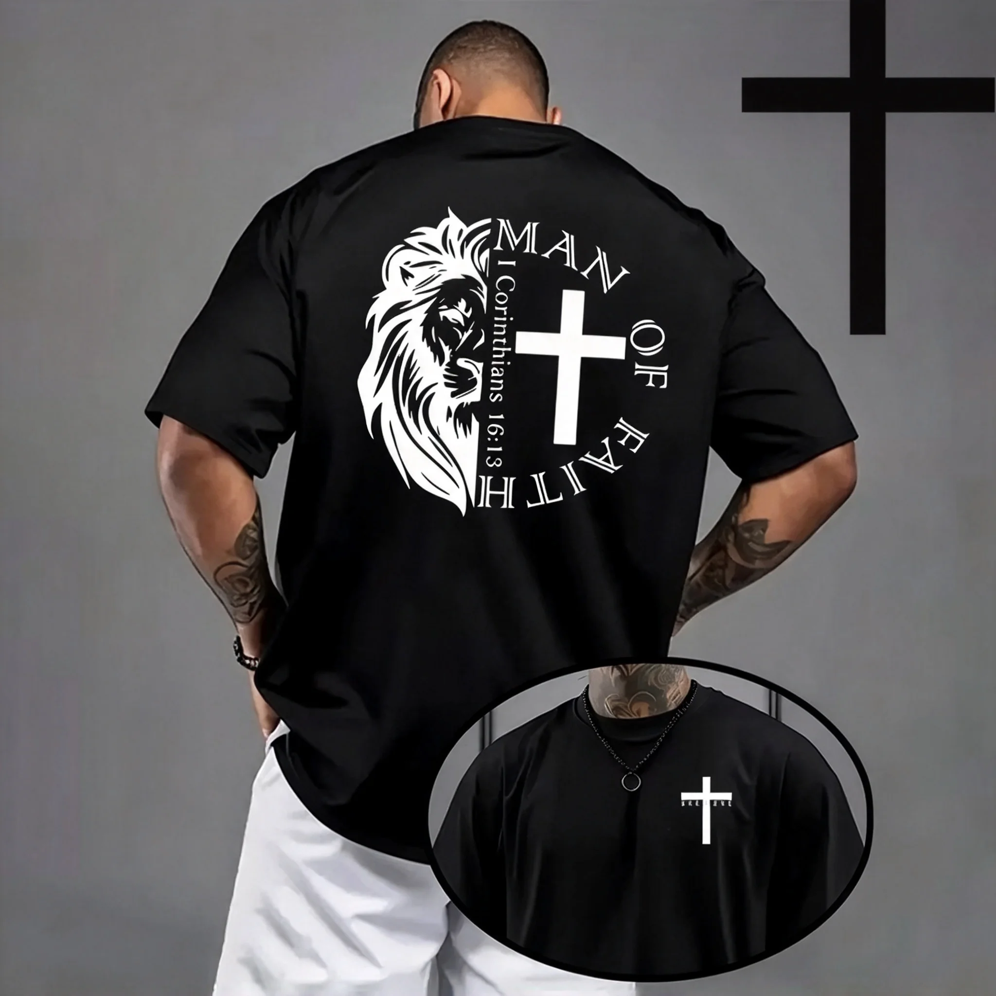 2026 Faith Cross Graphic T Shirt, Oversized Short Sleeve Tee, Inspirational Lion Print Casual Tops For Men Women and Kids Adults
