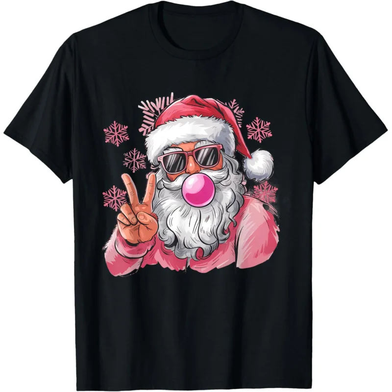 Retro Santa Christmas Merry Blowing Bubble Pink Santa Xmas Funny T-Shirt