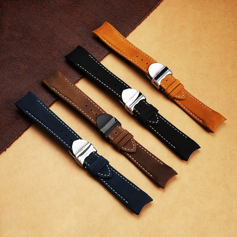 Watchband For the Tudor Biwan Chronograph Gold M79363 M79360 1958 M79030N M79030B Series Curved Leather Watch Strap 20mm 22mm