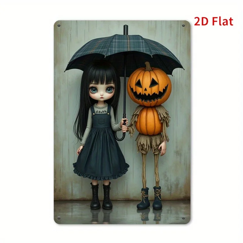 2D Flat, 1pc Gothic Doll & Pumpkin Partner Halloween Decoration - Vintage Iron-like Metal Sign with Checkered Umbrella, Large