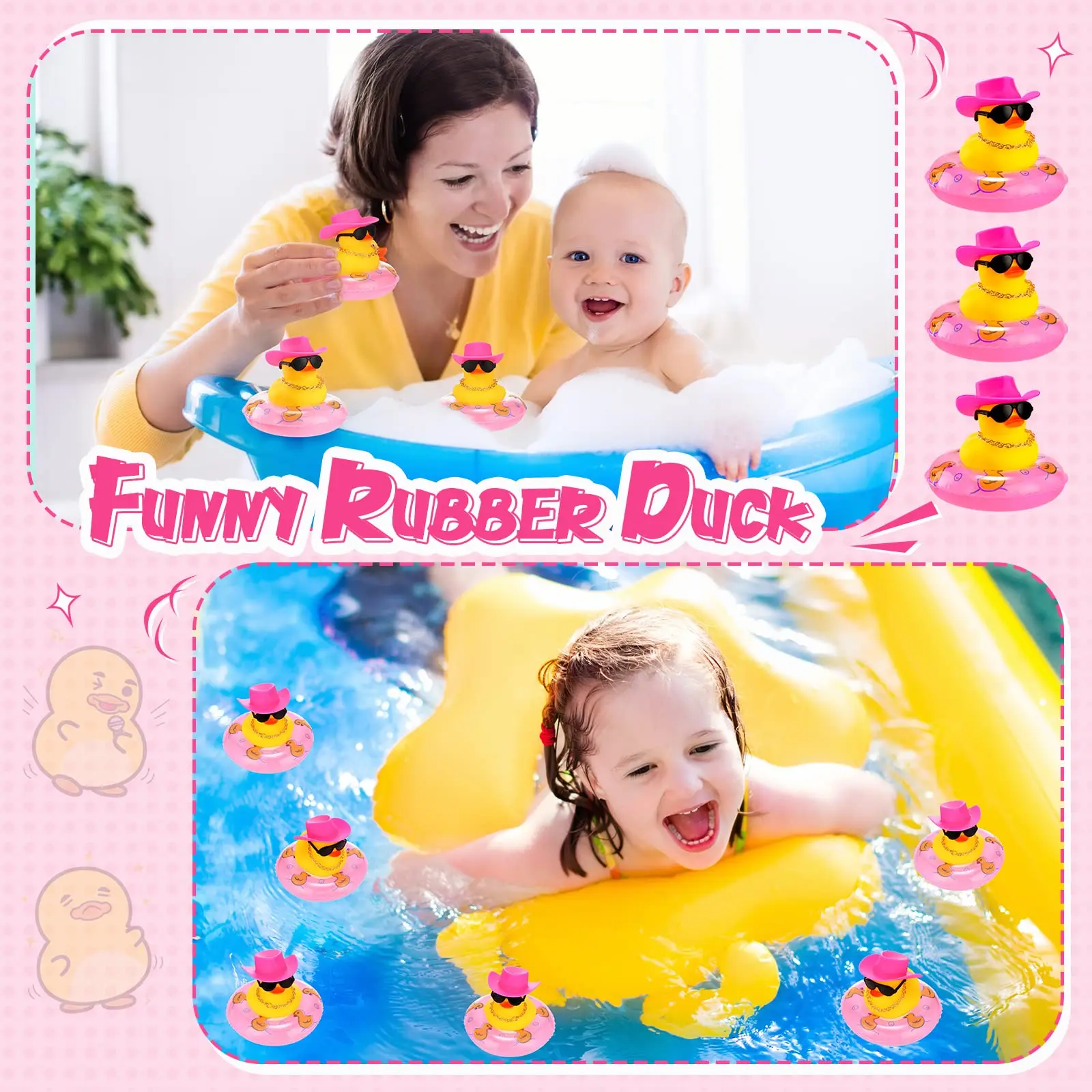 12/24/36PC Cowboy Rubber Duck Bulk Mini Car Yellow Duckies Bath Toys Party Favor with Necklace Sunglasses Duck Car Dashboard