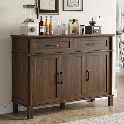 48 Inch Sideboard Buffet Cabinet with Storage, Farmhouse Coffee Bar Cabinet with 4 Drawers, Adjustable Shelves, Wood