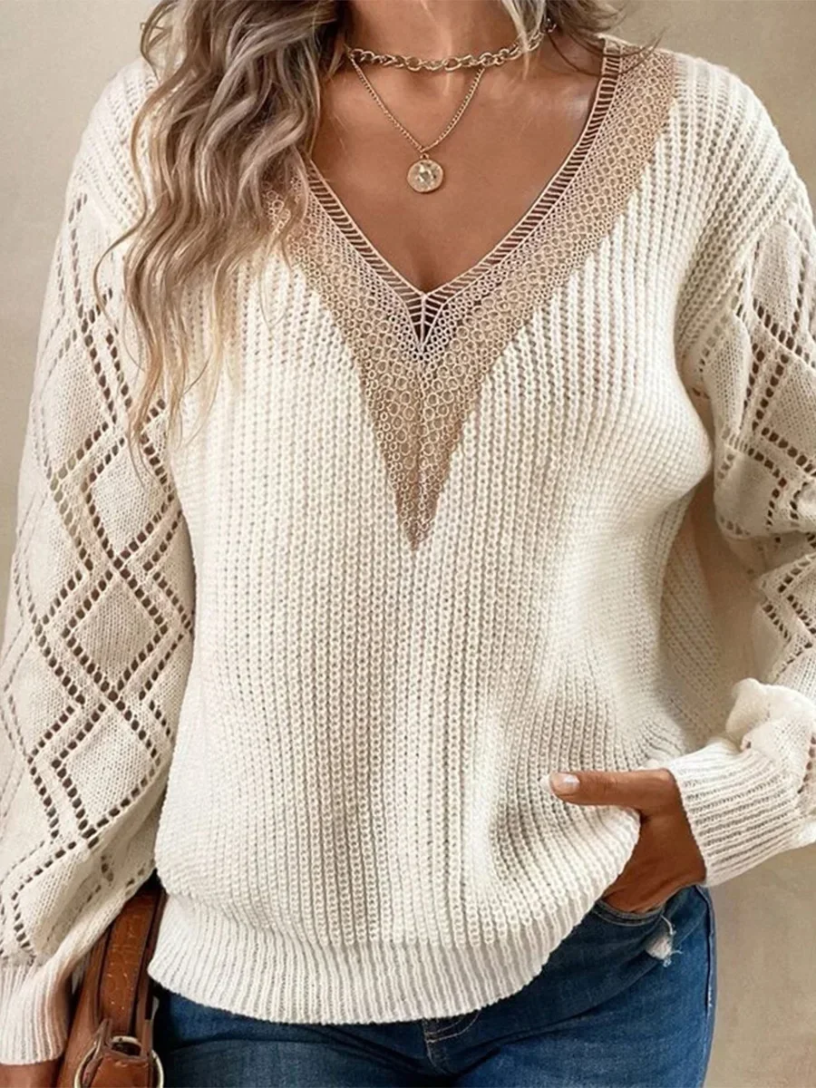 Women Lounge Knit Jumper Pullover Lace Ribbed Sweater Tops Casual Elegant Comfy Chic Fall Trendy Tops