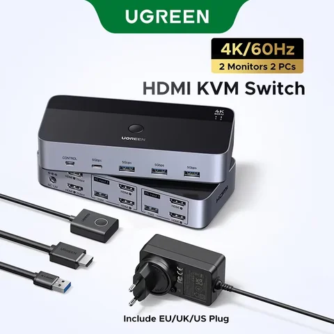 UGREEN HDMI KVM-переключатель для 2 ПК и 2 мониторов 4K 60Гц — фото товара