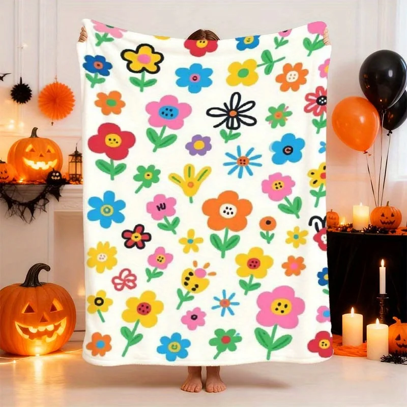 1pc Cartoon Style Colorful Flower Pattern Creative Design Collection Blanket, Artistic Flannel Blanket, Lightweight and Easy to