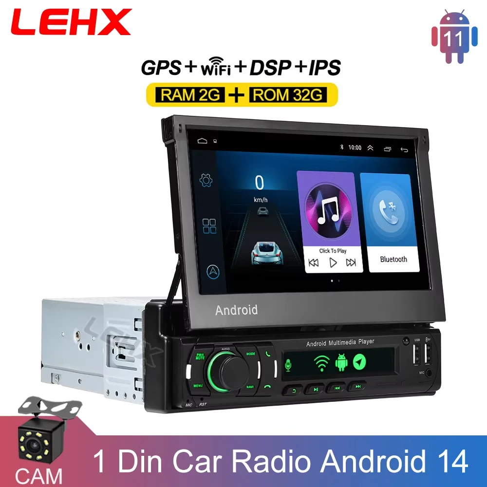 LEHX راديو 1Din أندرويد السيارات Carplay 7 "HD العالمي ستيريو نظام تحديد المواقع الملاح شاشة قابل للسحب راديو السيارة الوسائط المتعددة الفيديو رئيس وحدة DVD #1