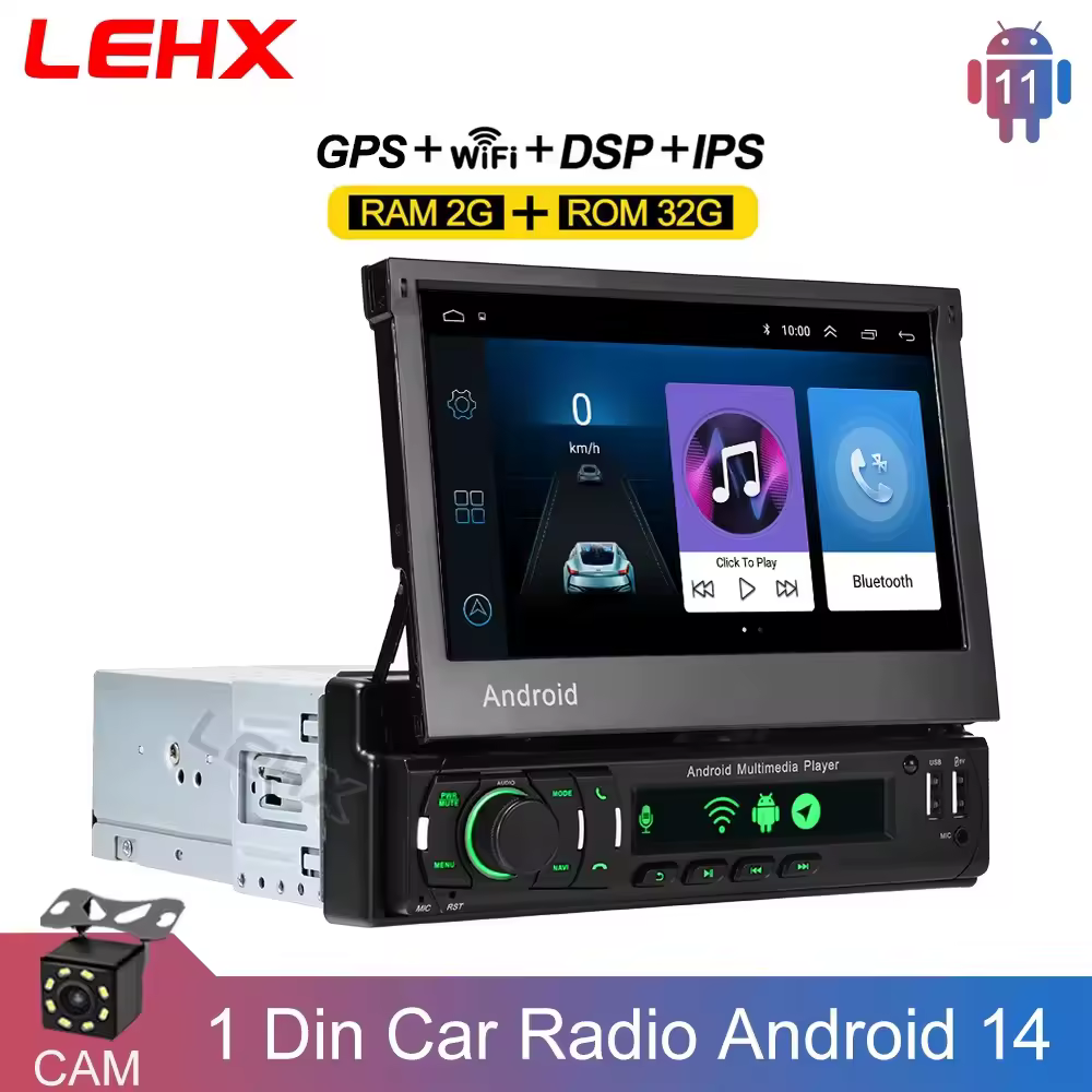 רדיו LEHX 1Din אנדרואיד אוטומטי Carplay 7 אינץ' HD סטריאו אוניברסלי GPS ניווט מסך נשלף רדיו לרכב מולטימדיה וידאו יחידת ראש DVD