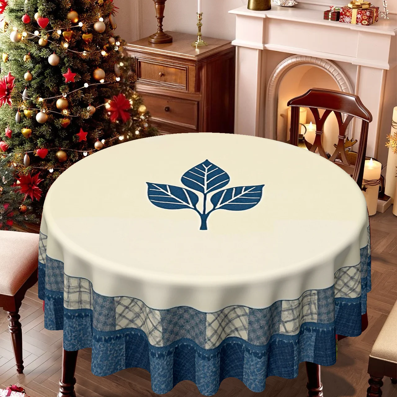A tablecloth with a Christmas theme, in a rural farmhouse style, in the shape of a circle.