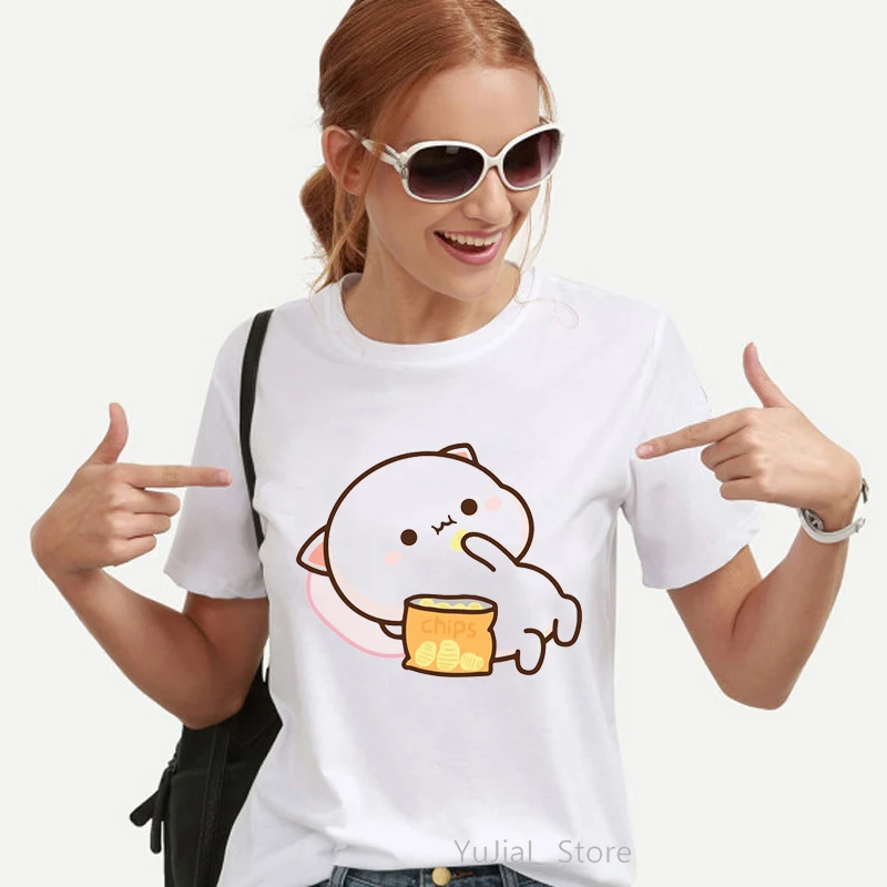 Peach And Goma Mochi Cat Love Ice Cream Cartoon Print Tshirt Women\'S Clothing Funny T Shirt Femme Harajuku Kawaii Clothes