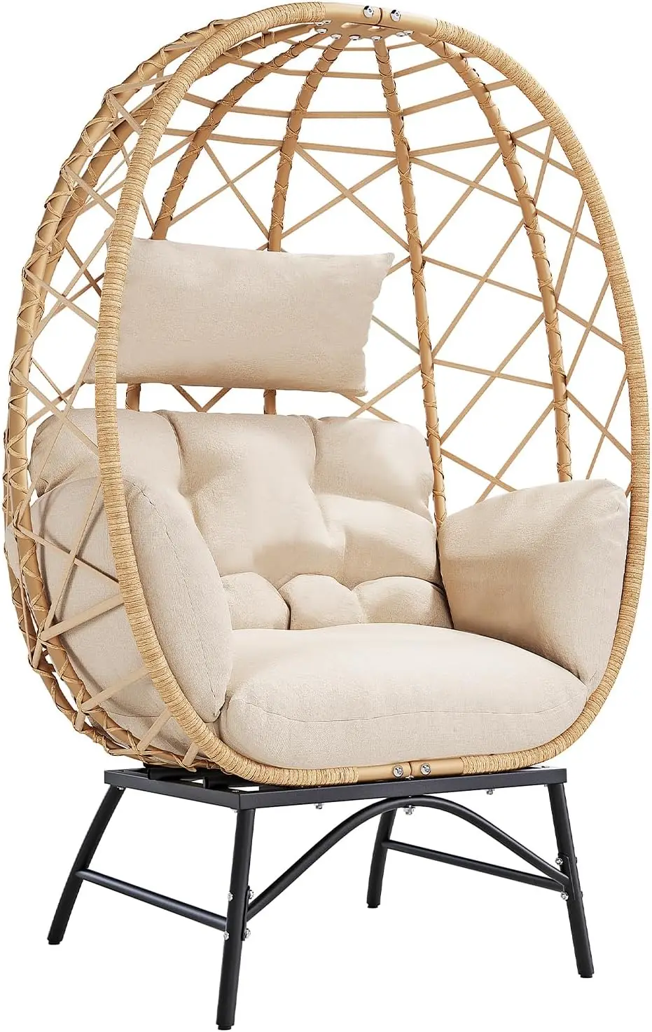 Wicker Egg Chair Outdoor, Oversized Patio Lounge Chairs With Cushion, Indoor Floor Seating Display Box Lounger For Living Room Bedroom Outside Backyard Balcony, Beige