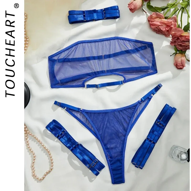 

Toucheart 4 Piece Sexy Lingerie Set Elasticity Mesh Patchwork See-Through Breast-Wrapping Three-Point Briefs Underwear for Women