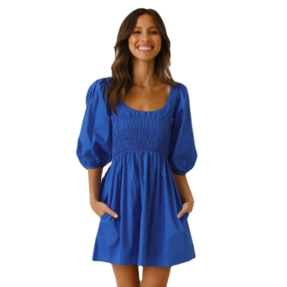 Sweet ort Waist-Cinching U-Ne Pure Color Dr Summer Thi Knitted Cotton Basic Sle mid Waist for Women