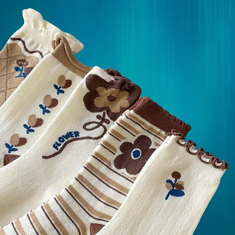 Calcetines de algodón con estampado de flores tridimensionales, medias cómodas de tubo medio con dibujos animados, versátiles e informales, 5/10 pares