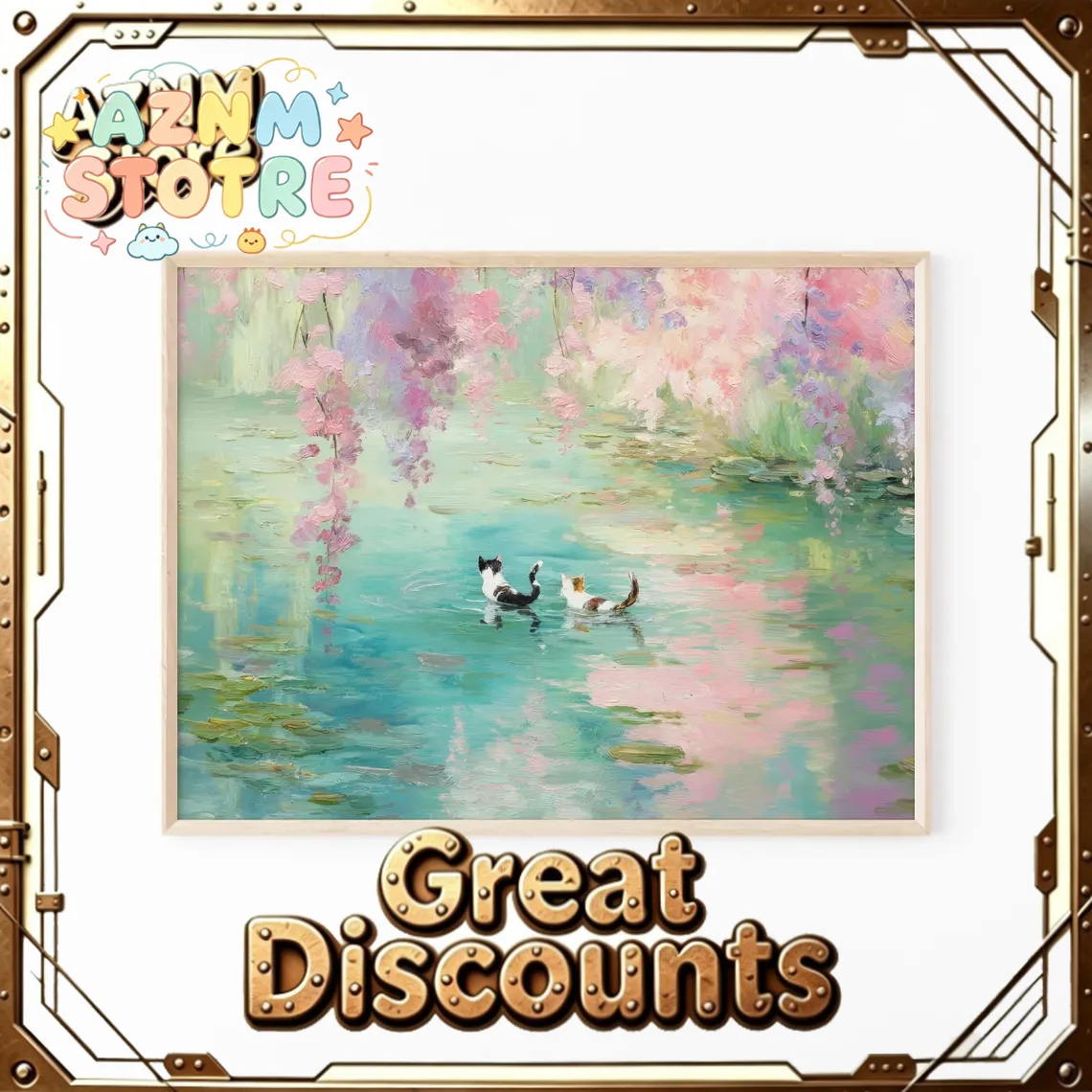 Whimsical Monet Style Cats Wall Print Decor - Dreamy Impressionist Painting of Two Cats Wading in a Water Lily Pond Inspire