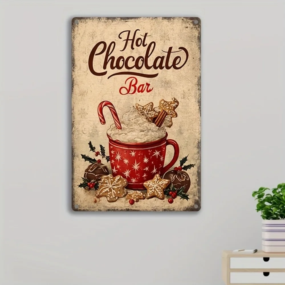 2D Flat Vintage Christmas Aluminum Wall Decor 8x12 Inch Gingerbread Hot Chocolate Cup Hanging Sign For Cafe Bar