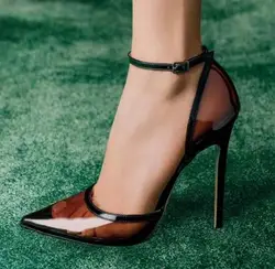 Black Transparent PVC Pointed Toe Shallow Hollow Thin Heels Ankle Buckle Pumps Women Cover Heel Banquet Dress Shoes Size 46