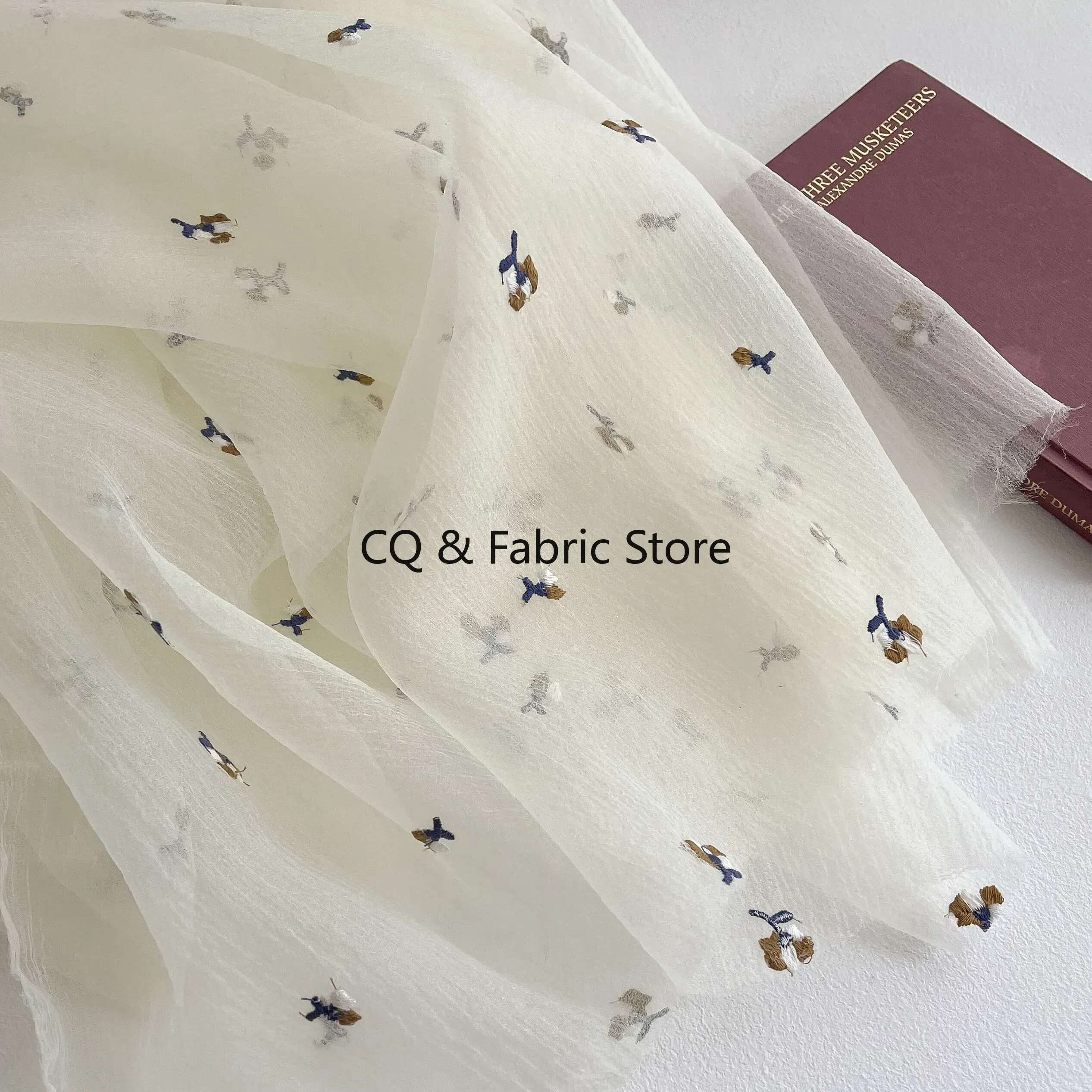 Beige Small Floral Embroidery Pleated Tulle Fabric Fluffy Skirt Dress Girl Dress Clothing Fabric By The Meter