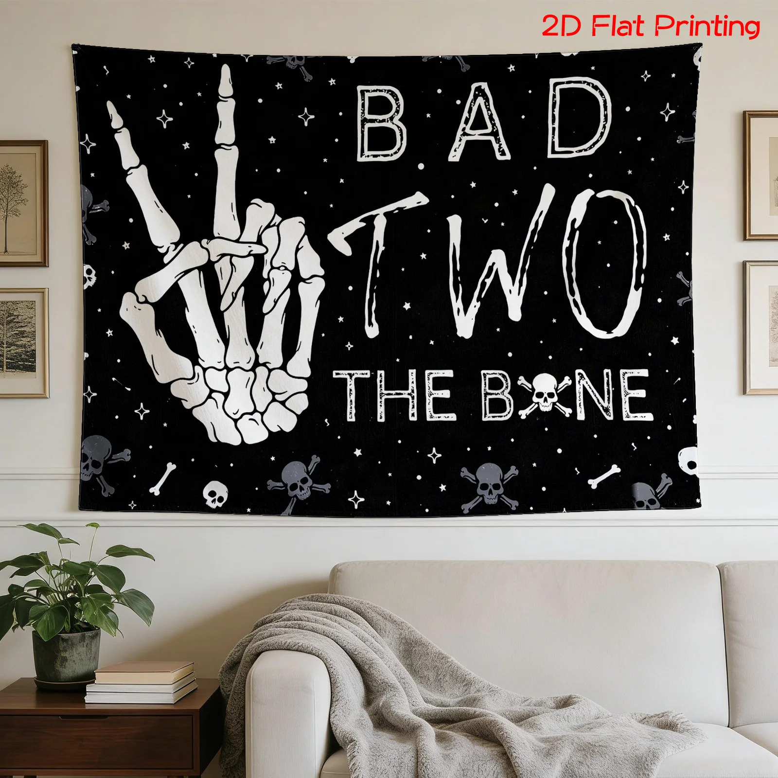 VIKAMA Dark Fun Skull Gesture Tapestry Wall Hanging Home Decor for Bedroom Living Room Dorm BAD TO THE BONE Alphabet