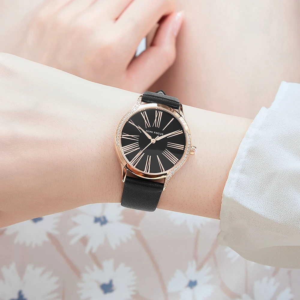 MINI FOCUS MF0259L Elegant Women Watch Diamonds Case Genuine Leather Strap Waterproof Ladies Quartz Watches