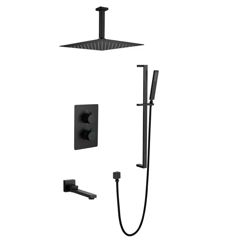 For 12-Inch Dual Handle Matte Black Thermostatic Contemporary Bathroom Shower Set System Wall-Mounted Square Shower Head