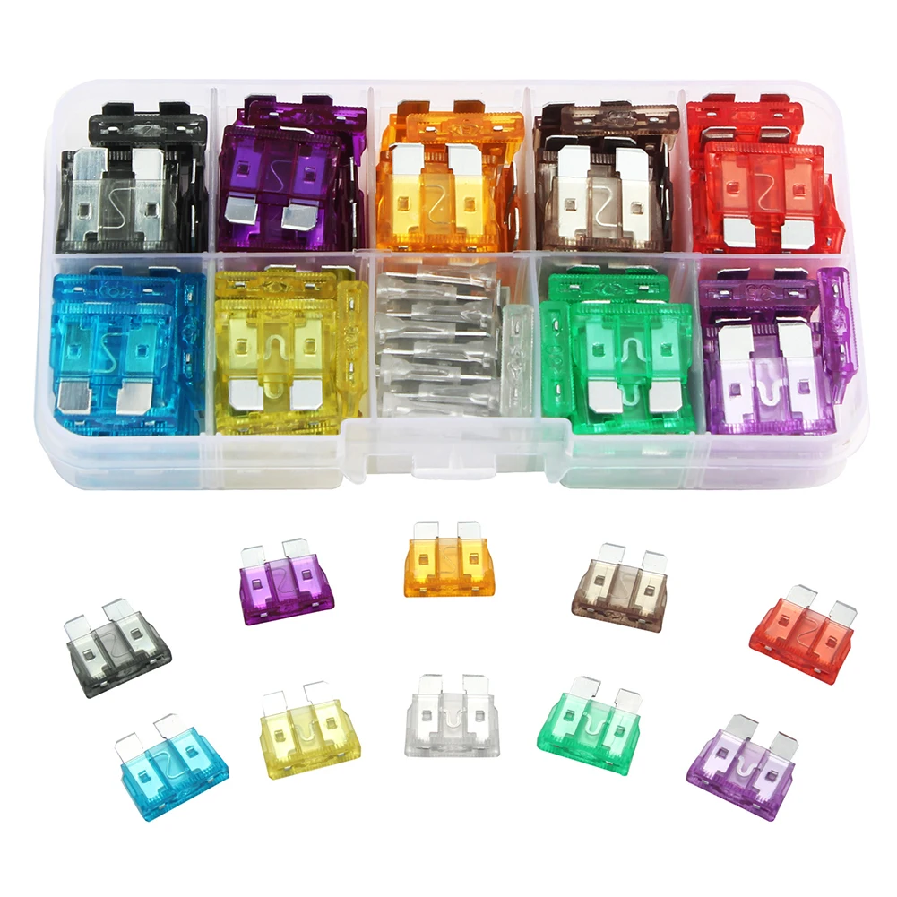 100Pcs Car Fuses 2A 3A 5A 7.5A 10A 10 Types Blade Type Fuse Set 15A 20A 25A 30A 35A Blade Type Fuse Assorted Kit with Box