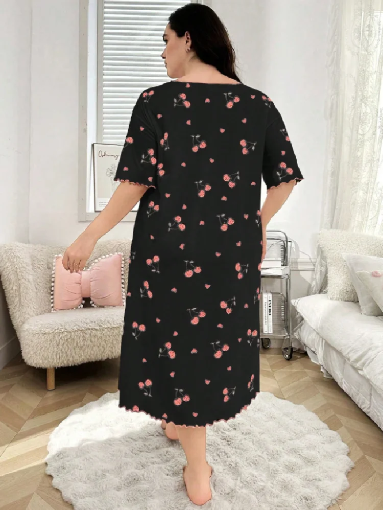 

Plus Size Women Loose Cherry Print Round Neck Short Sleeve Sleep Dress Loungewear