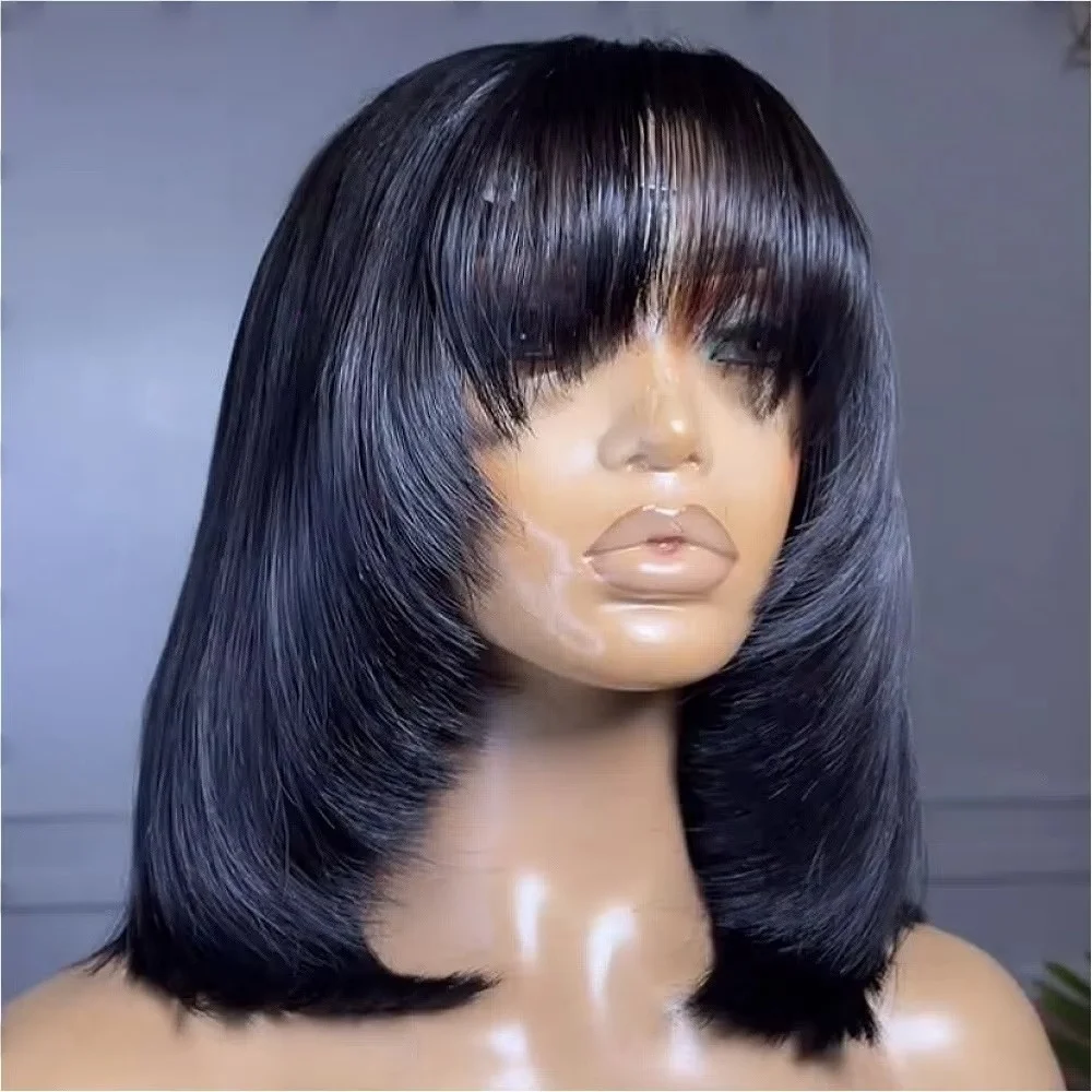 Black Layered Cut Short Bob Lace Front Wig with Bangs 13x4 HD Straight Wigs Synthetic Cosplay Makeup Daily Use On Clearance Sale