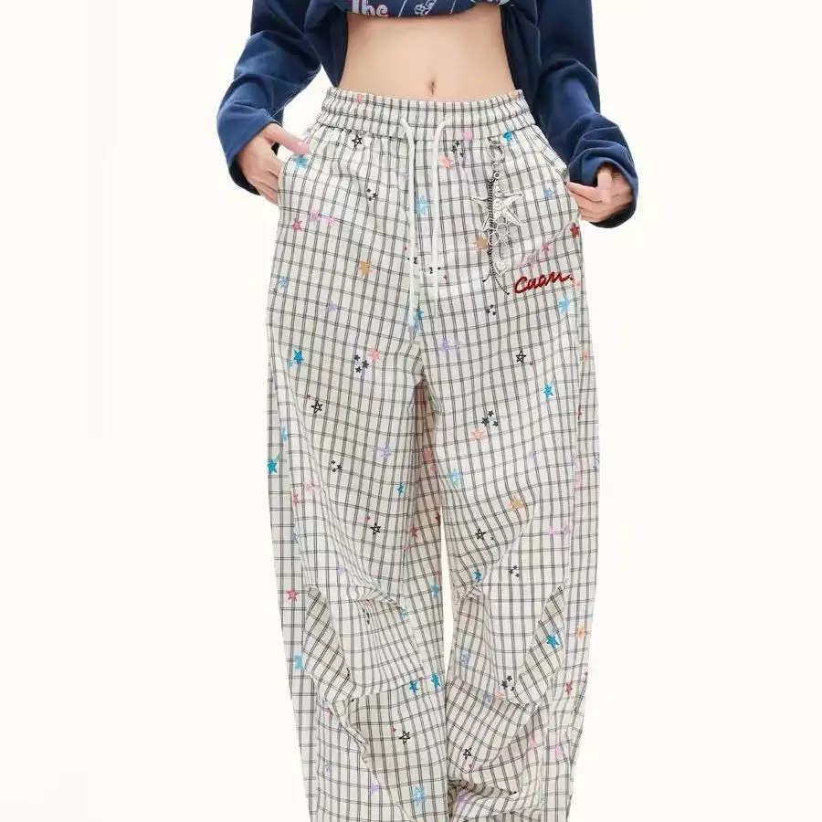 Sweet Preppy Y2K Aesthetic Plaid Wide Leg Pants Women Star Graphic Elastic Waist Baggy Loose Trousers Summer Street Casual New