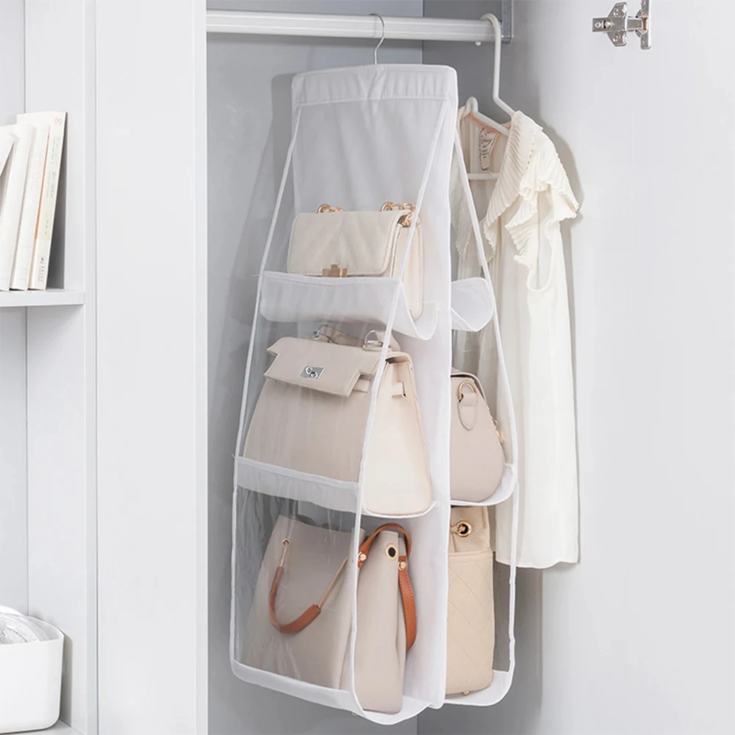 White Foldable Non-woven Hanging Organizer Shelf for Handbags and Clothes - Bedroom Closet Hanger