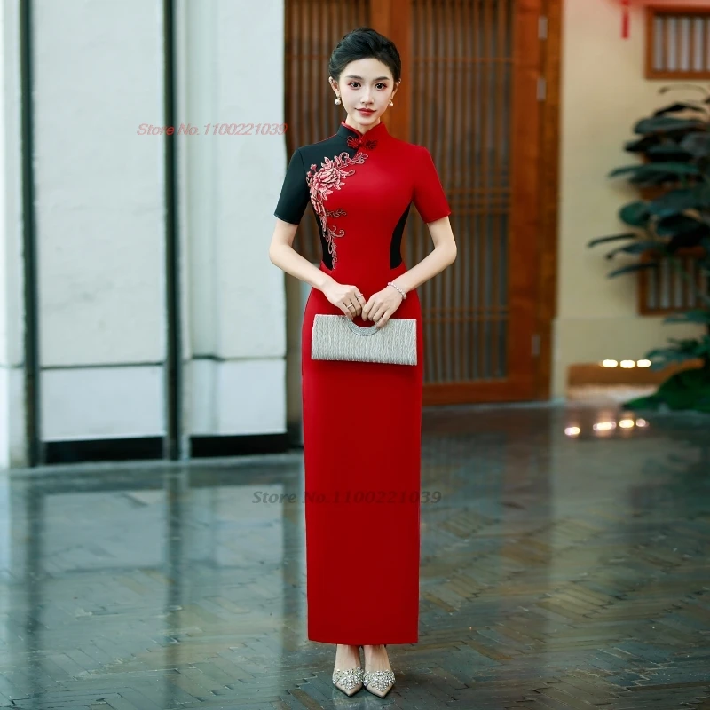 

2025 chinese vintage dress qipao retro flower embroidery patchwork color cheongsam traditional banquet evening dress vestido