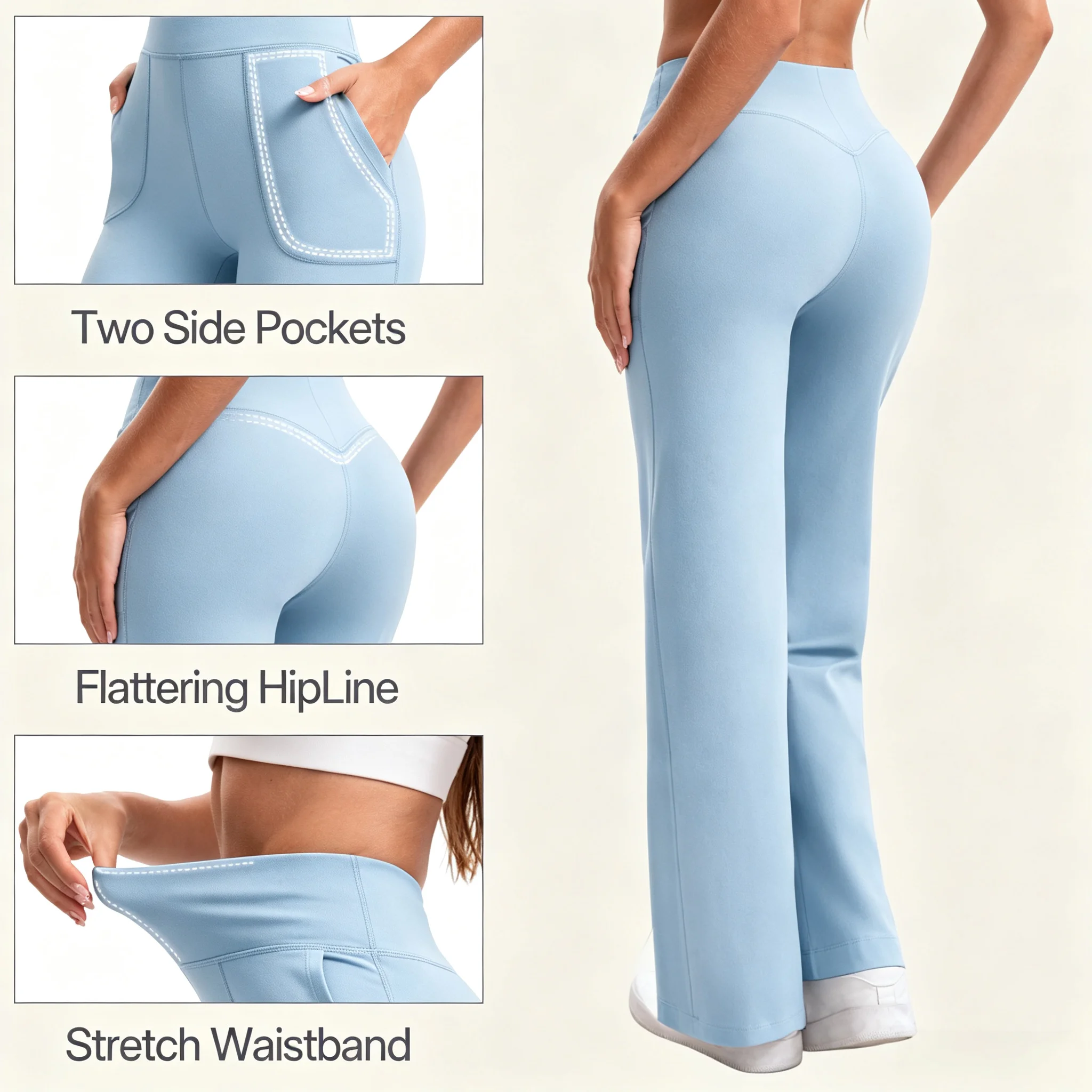Women's High Waist Flared Yoga Pants M-Line Butt Lifting Two Pockets Soft Double-Sided Brushed Flowy Wide Leg Workout Lounge
