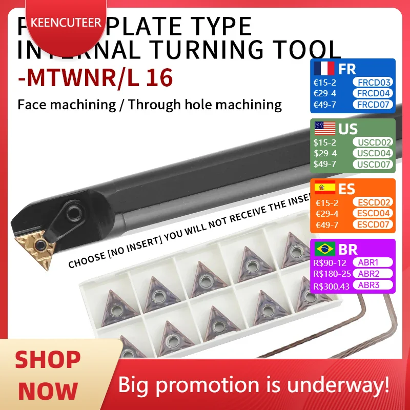 

1 pcs S16Q-MTWNR16/S20R-MTWNL16/S25S-MTWNL16 CNC machining turning tools, internal turning tools and TNMG16 carbide inserts