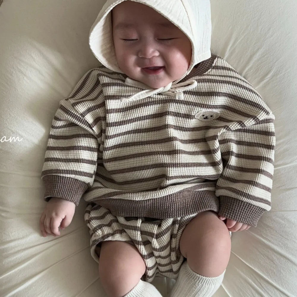 2024 Spring New Baby Long Sleeve Clothes Set Infant Boy Girl Striped Tops + Shorts 2pcs Suit Toddler Waffle Casual Outfits