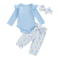 Newborn Infant Girl Clothes Rib Knit Romper Daisy Print Pants Headband Baby Clothes for Girls 0 3 6 12 18 24 Months