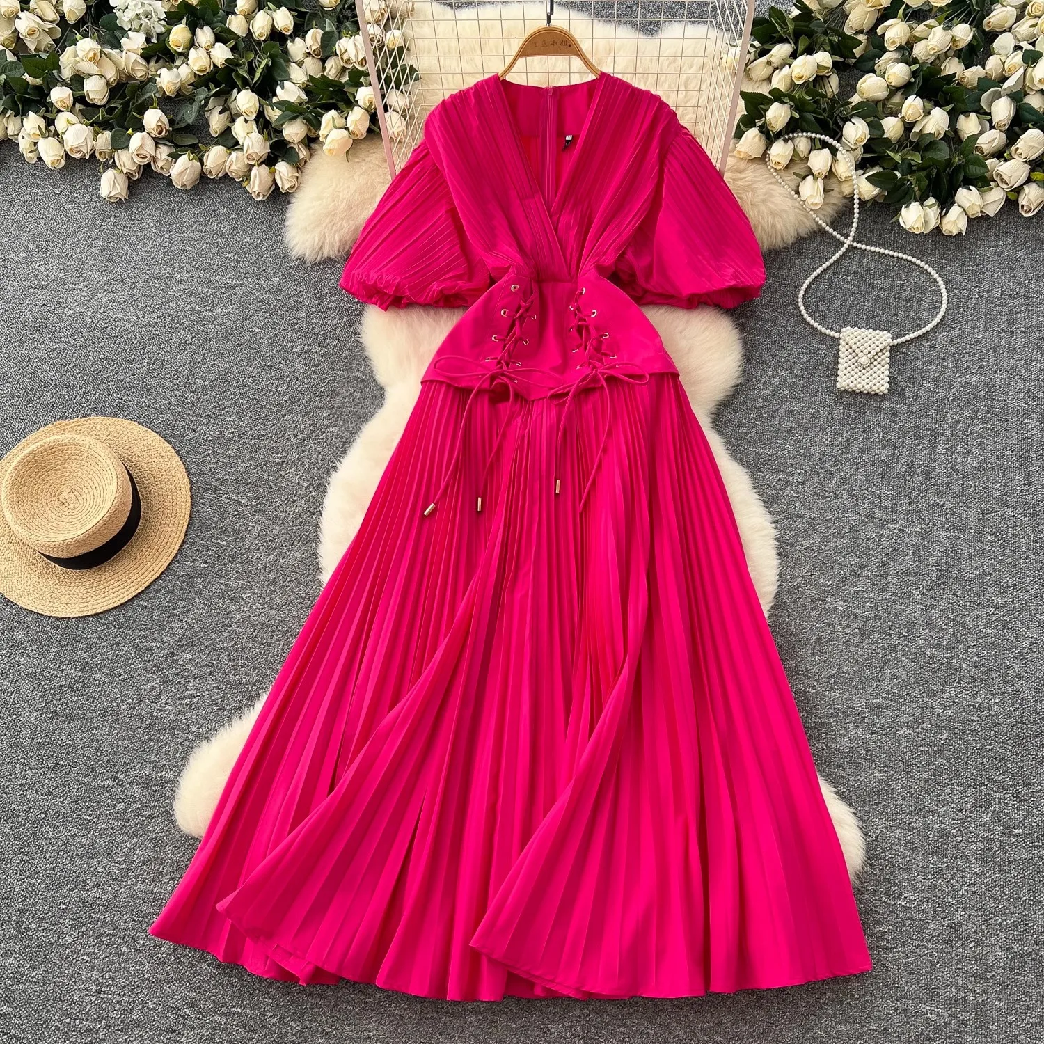 

Women Elegant Pleated Boho Long Evening Dresses Lady Sexy V-Neck Short Lantern Sleeve High Waist Bandage Robes