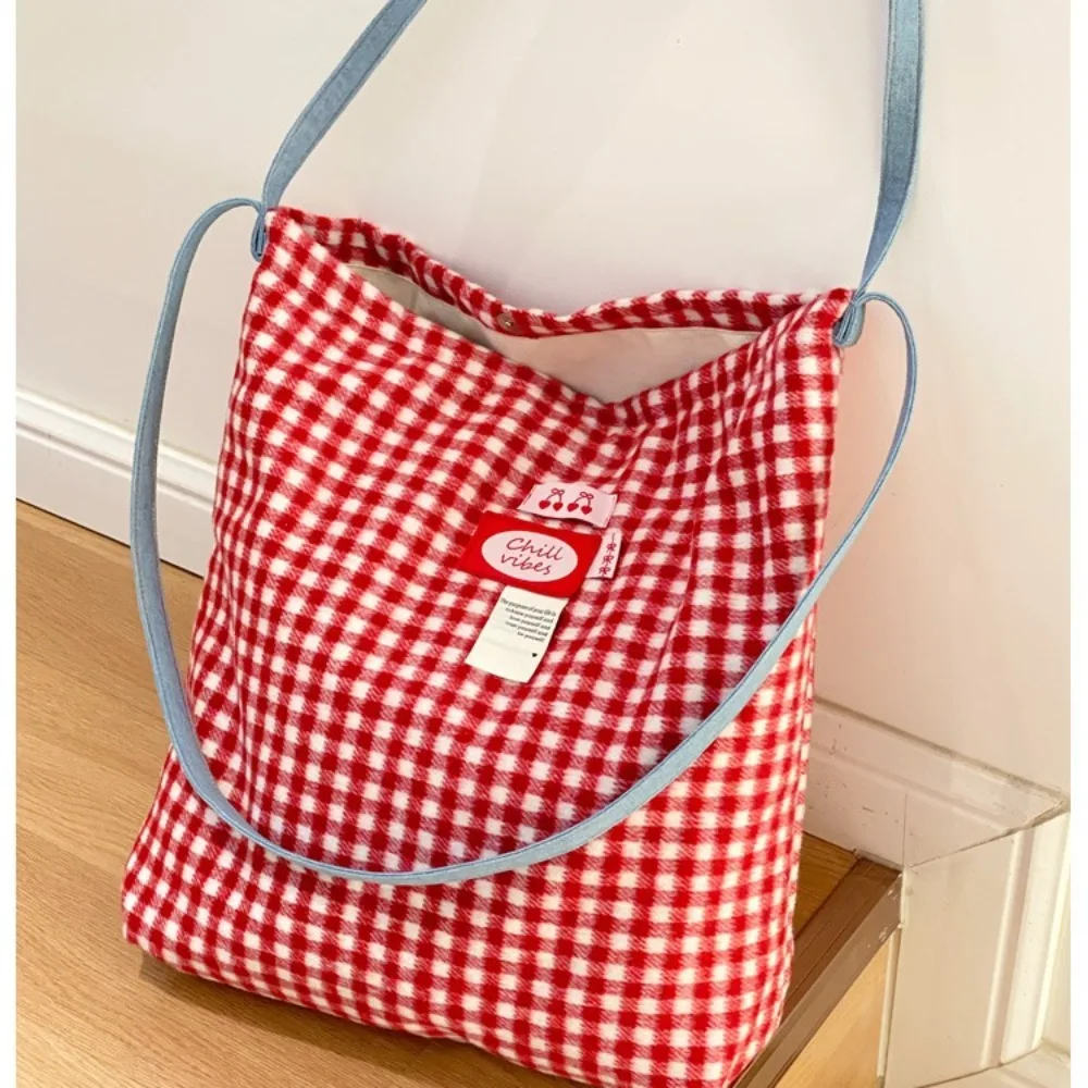 Casual Felt Women\'S Backpack Red Plaid Daily Large Capacity Crossbody Carrying Handbag Supermarket Shopping Bag