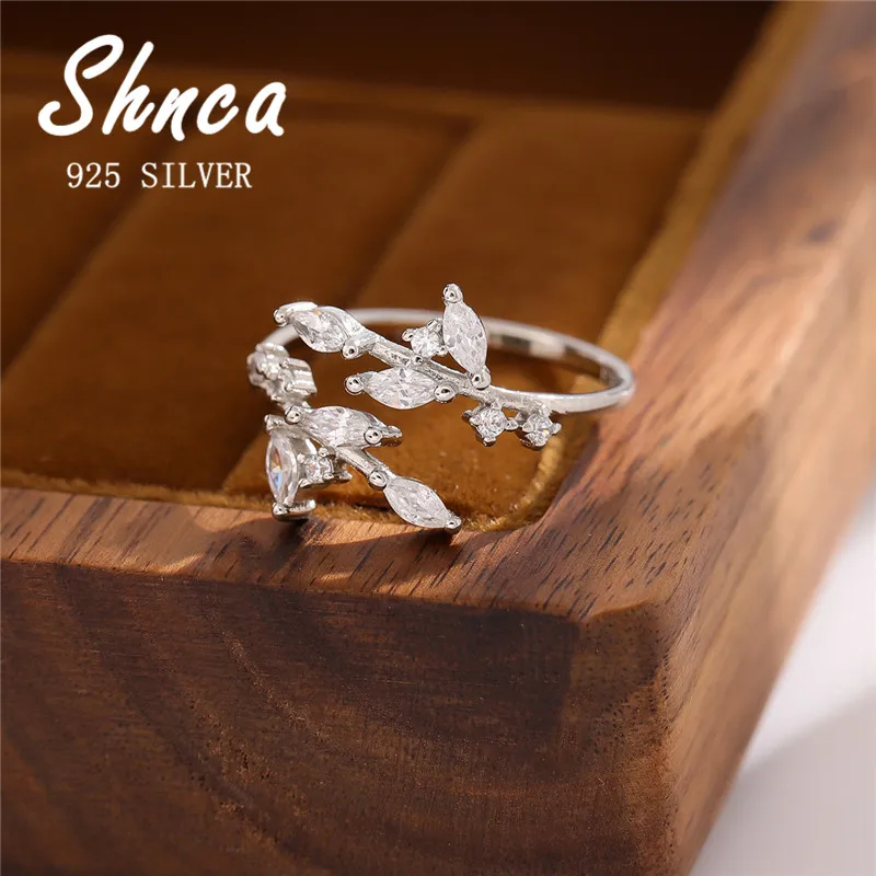 2024 New High Quality 925 Sterling Silver Leaves Rhinestone Adjustable Rings For Women Girl Gift CXR017