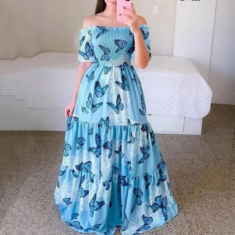Kobieta Długie Sukienki na Kwiaty Szelki Kobiece Letnie Imprezy Krótkie Eleganckie Casualowe Boho Wakacyjne Sukienki Dziewczyna Off Shoulder Lady Print