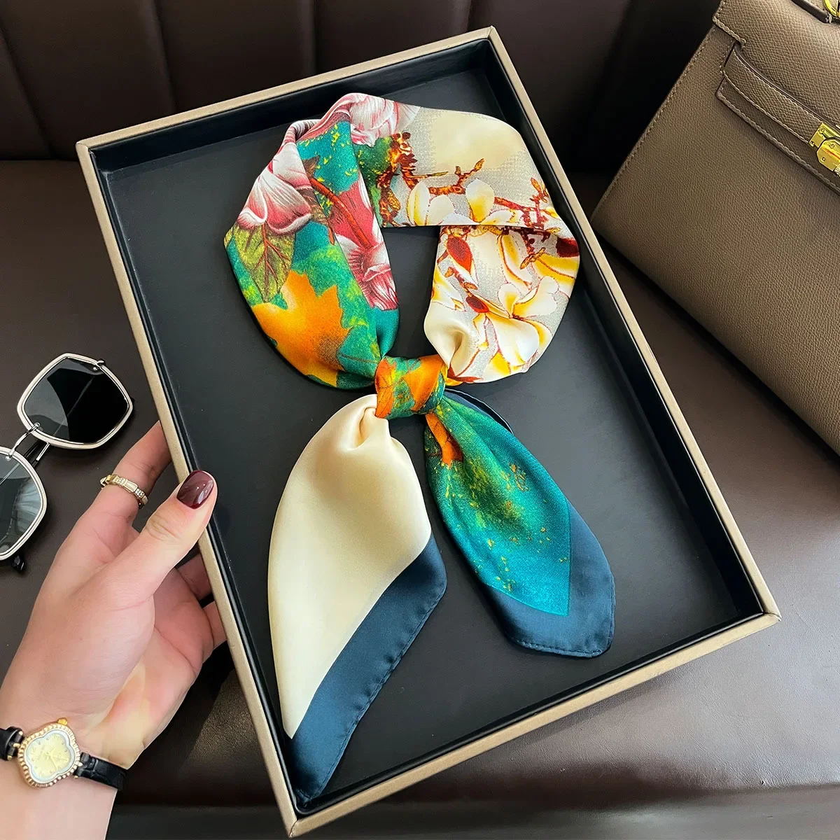 70*70 سنتيمتر الأزهار طباعة وشاح الرأس النساء الحرير ساحة وشاح الرأس Foulard باندانا الحجاب الإناث لينة منديل رابطة عنق شال صيفي