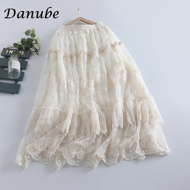 Vintage Mori Lace Tulle Skirt for Women Spring Summer Japanese Elegant High Waist Puffy Cake Tutu Skirt faldas largas para mujer