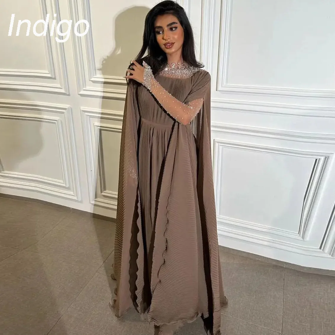 

Indigo Evening Dresses O Neck Full Sleeves Tulle Bead Formal Party Dress For Women 2024 vestidos cortos de noche فساتين السهرة