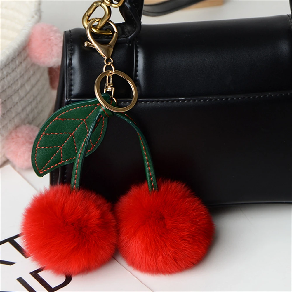 Cute Otter Rabbit Hair Cherry Bag Pendent Multi-color Car Keychain Pendant Doll Hanging Decoration Bag Charm for Women Gift