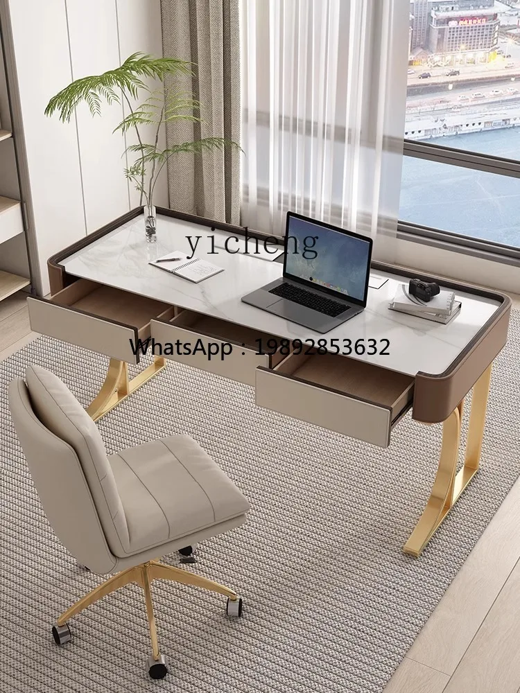

BB minimalist high-end saddle leather desk modern minimalist study computer desk light luxury rock slab desk