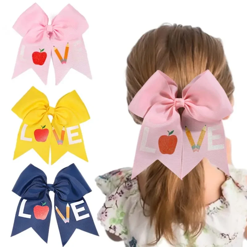 ncmama New Ribbon Bow Hairpin Pencil Letter Print Hair Bow Clips for Girls Cute Pencil Barrettes Back to School Akcesoria do włosów