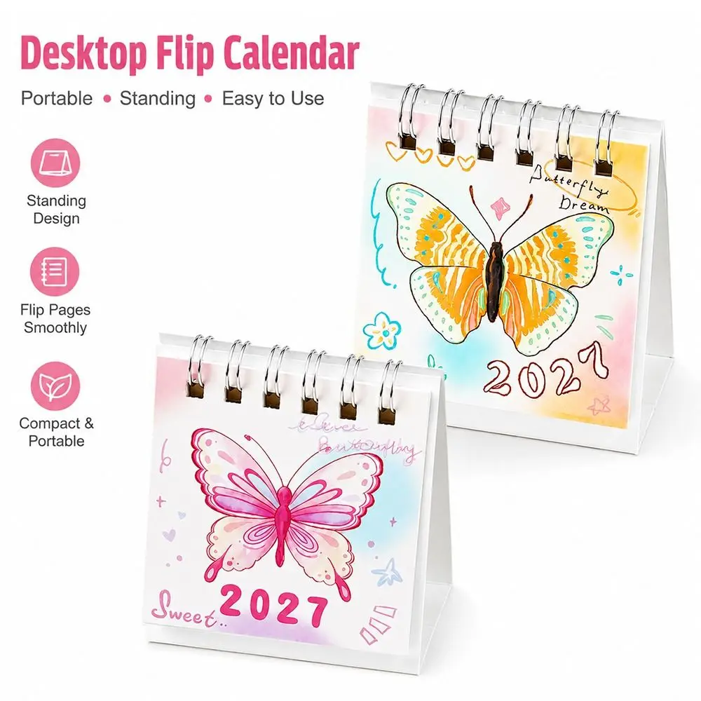 Creative Butterfly Pattern 2027 Desk Calendar Portable Standing Design Standing Calendar Paper Flip Calendar Student Supplies