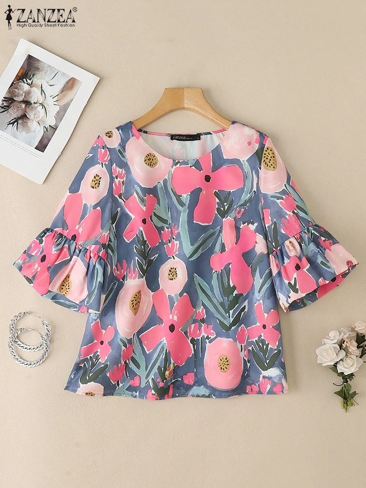 

ZANZEA Woman Casual Floral Print Blouses 2025 Summer Fashion 3/4 Flared Sleeve O-Neck Loose Blusas Mujer Day Wear Vacation Tops